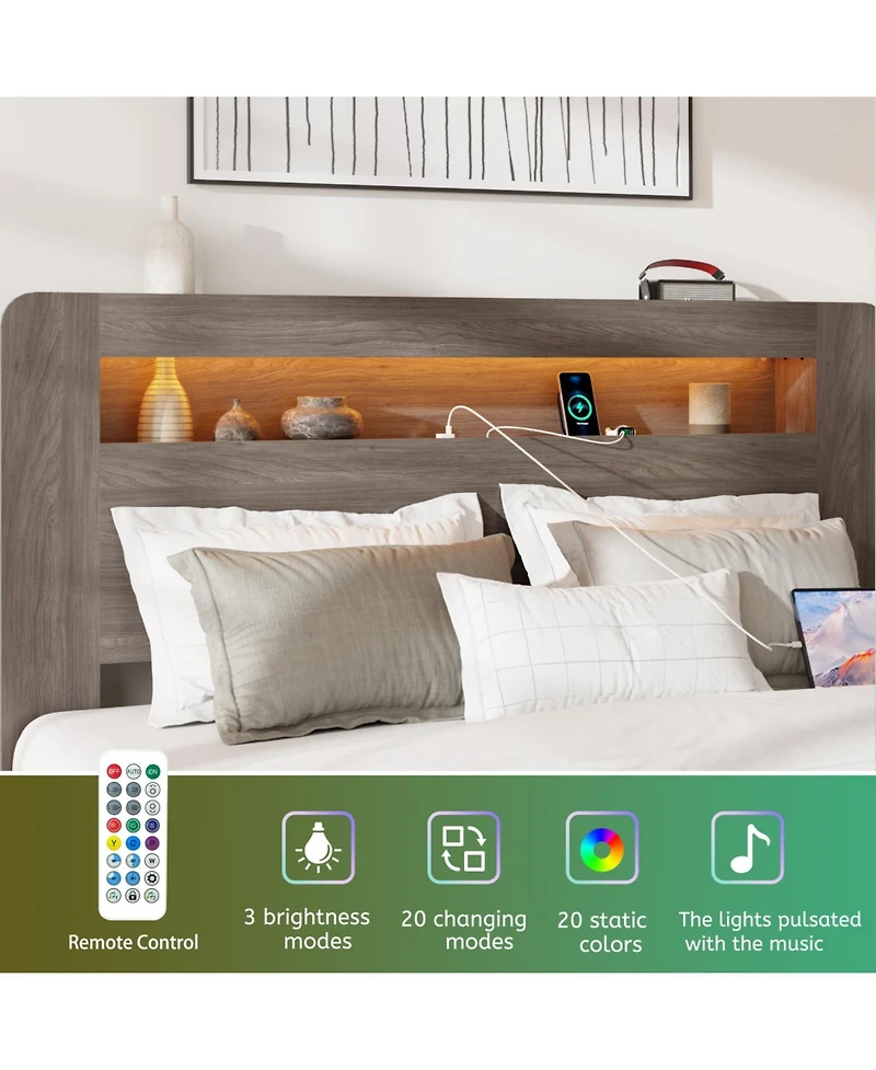 Streamdale Furniture Queen Wood Bed Frame- Led Headboard, Usb Ports, Storage
