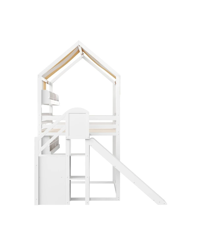 Streamdale Furniture Full house Bed with Canopy, Slide & Built-In Bookshelves