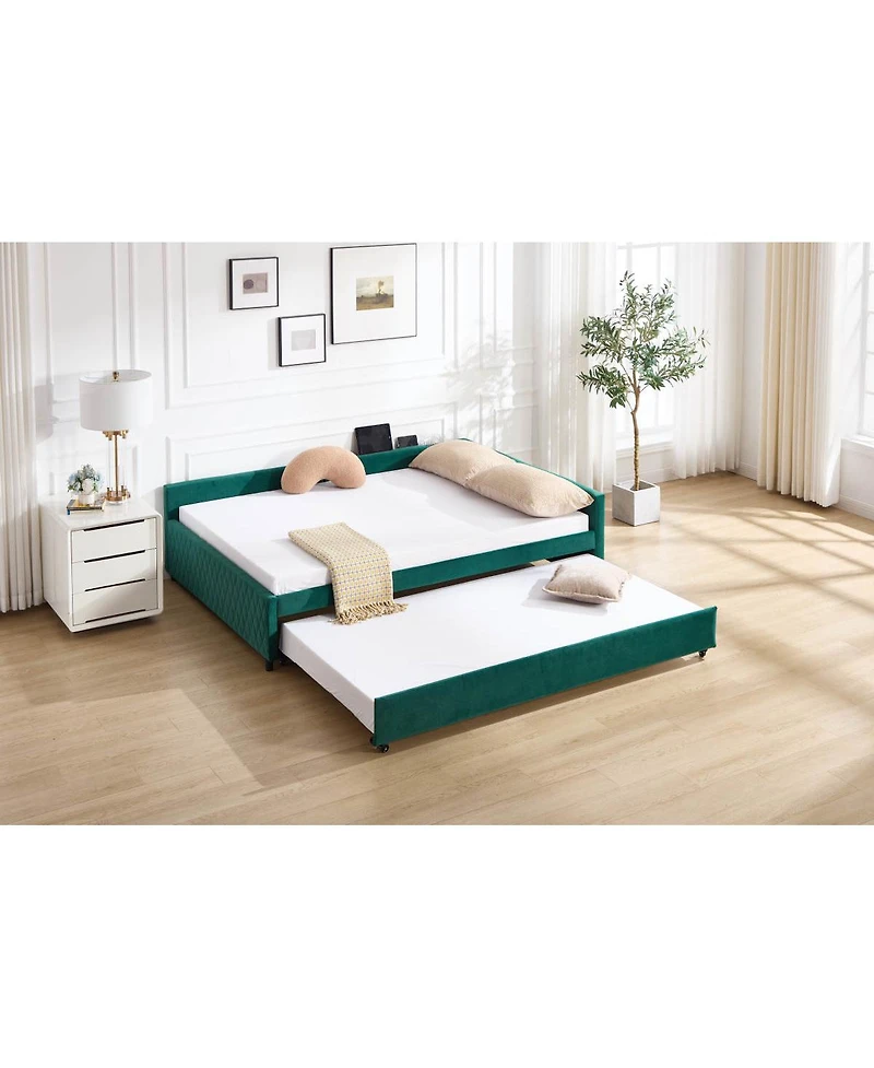 Streamdale Furniture Emerald Upholstered Daybed with Trundle, Modern Diamond Grid Design
