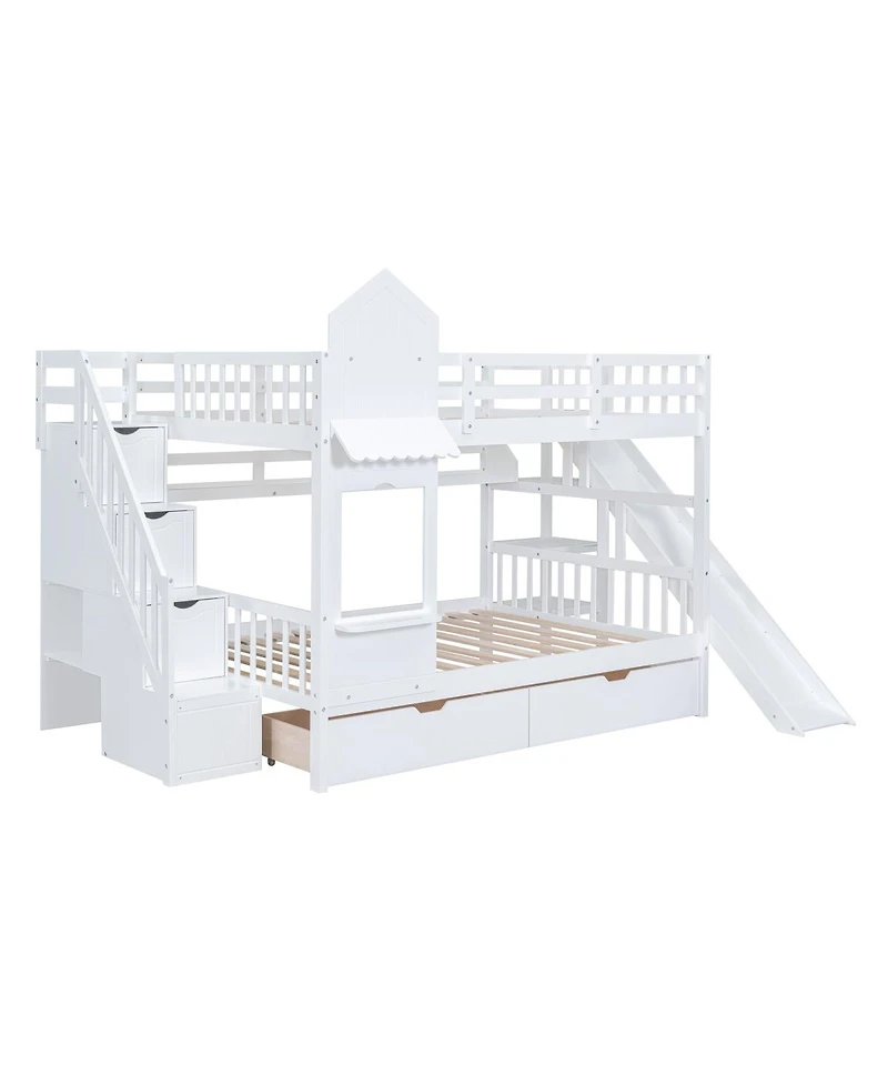 Streamdale Furniture Full-Over-Full Castle Style Bunk Bed with 2 Drawers 3 Shelves and Slide