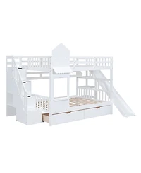 Streamdale Furniture Full-Over-Full Castle Style Bunk Bed with 2 Drawers 3 Shelves and Slide