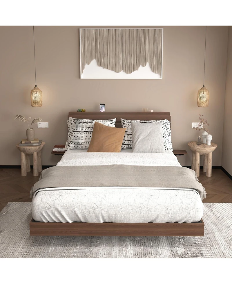 Streamdale Furniture Floating Bed Frame Queen w/ Led Lights & Charging Station