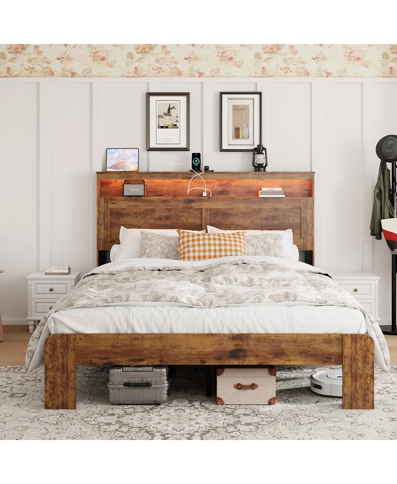 Streamdale Furniture Wood Queen Platform Bed Frame with Storage, Led Headboard, Usb