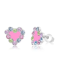 Chanteur/Girl/Heart Pink Crystal Enamel White Gold Palladium Screwstud Earring