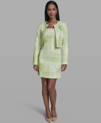 Karl Lagerfeld Paris Womens Printed Square Neck Tweed Sheath Dress Printed Open Front Jacket Dress