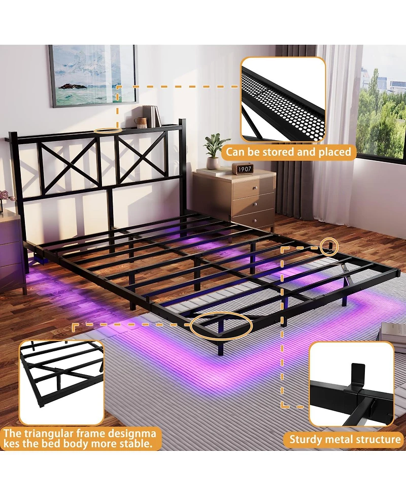 Streamdale Furniture Queen Size Floating Bed Frame with Headboard & Storage, Usb/Led