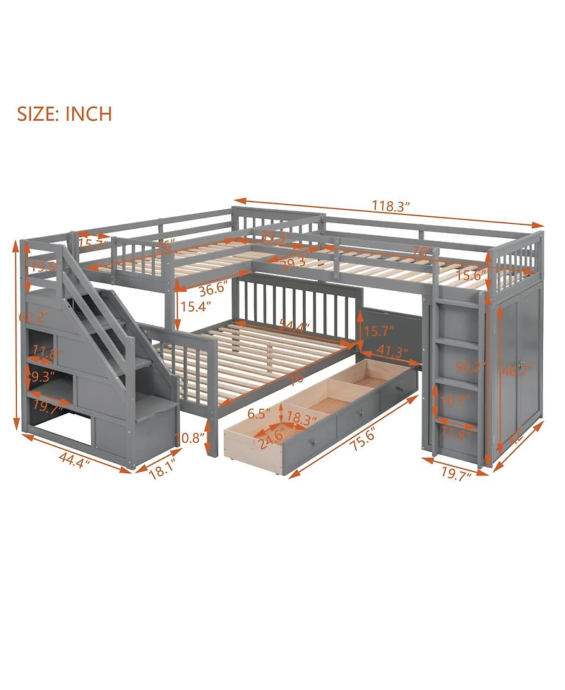 Streamdale Furniture Twin over Full L-Shaped Bunk Bed with Drawers, Desk, Wardrobe