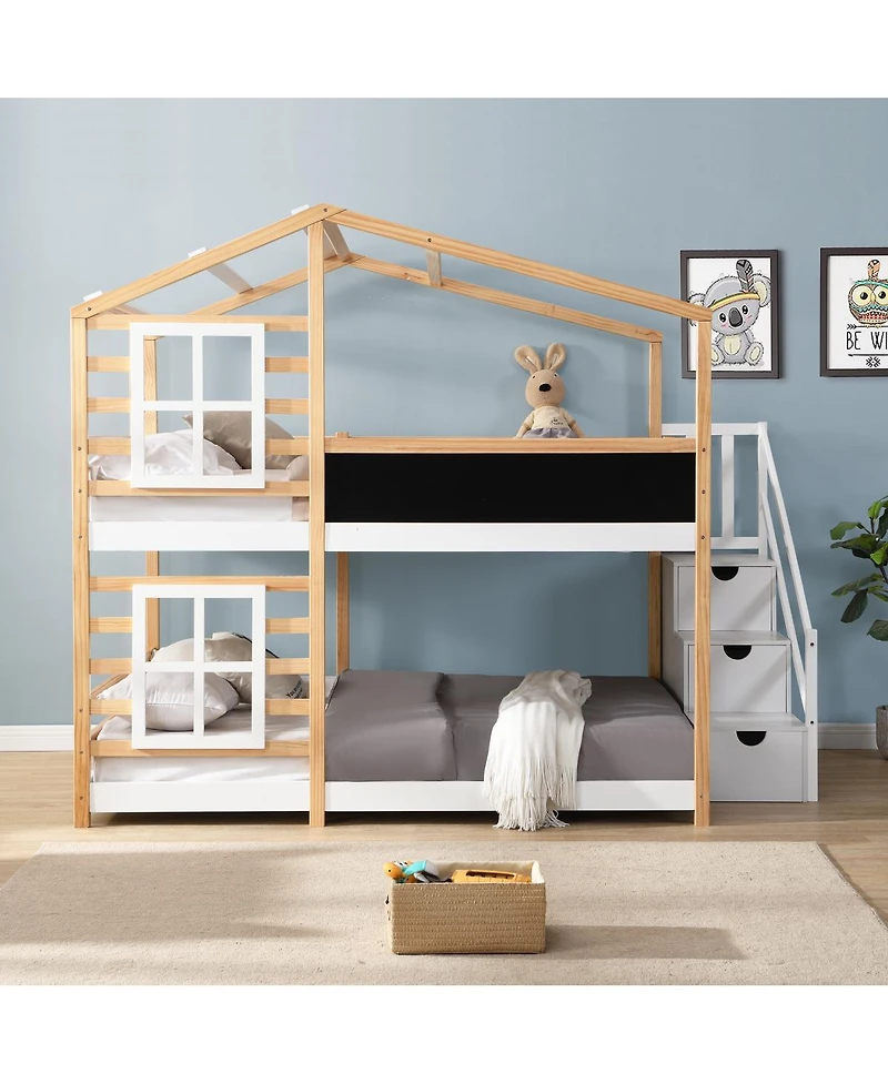 Streamdale Furniture Full over Full Bunk Bed House Bed with Roof, Windows, Blackboard, Storage Ladder