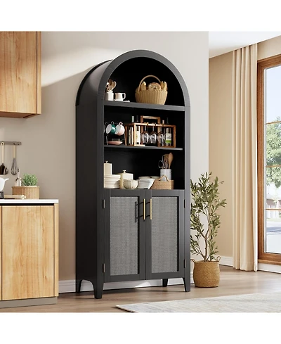 gaomon 5-Tier Open Display Shelf with Rattan Decor, Farmhouse Storage Cabinet for Kitchen