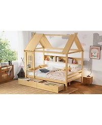 Streamdale Furniture Full House Beds with Storage Drawers and Window, Solid Wood Platform Bed Frame