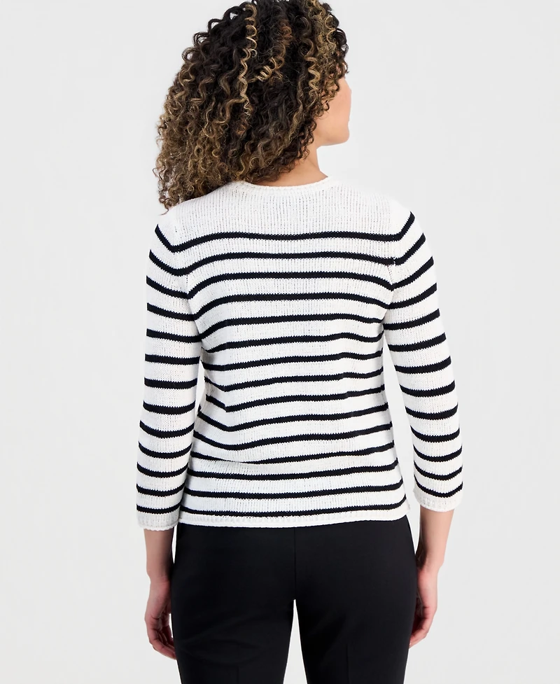 Jones New York Petite Striped Open Crewneck Sweater