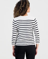 Jones New York Petite Striped Open Crewneck Sweater