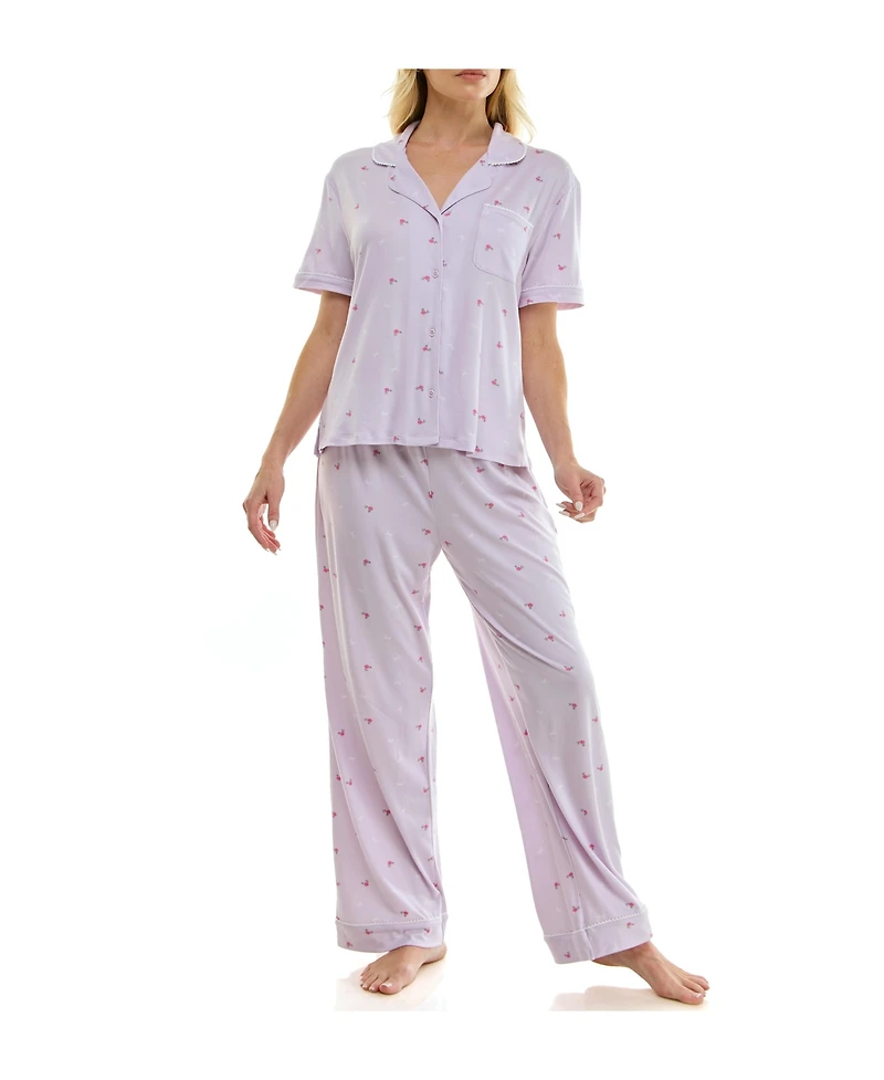 Roudelain Women's Short-Sleeve Shirt and Pants, 2-Piece Pajama Set