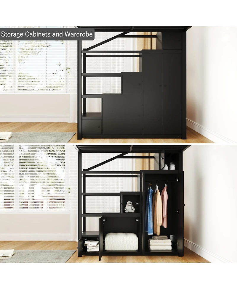 Streamdale Furniture Metal Loft Bed with Storage Shelves, Cabinets and Wardrobe