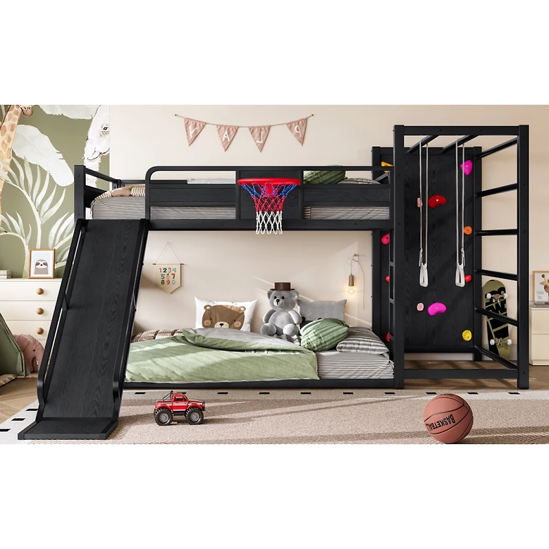 Streamdale Furniture Full size metal loft bed with basketball hoop, slide, and bookshelves.
