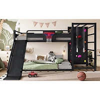 Streamdale Furniture Full size metal loft bed with basketball hoop, slide, and bookshelves.