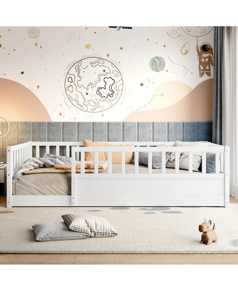 Streamdale Furniture Twin Size Montessori Floor Bed with Security Barrier and Door