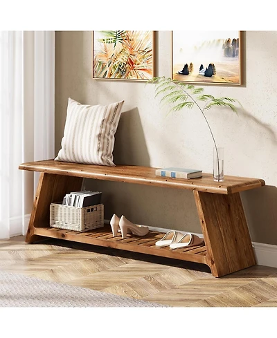 Tribesigns 63-Inch Long Solid Wood Entryway Bench, Farmhouse Narrow Shoe Bench Seat, End of Bed with Storage