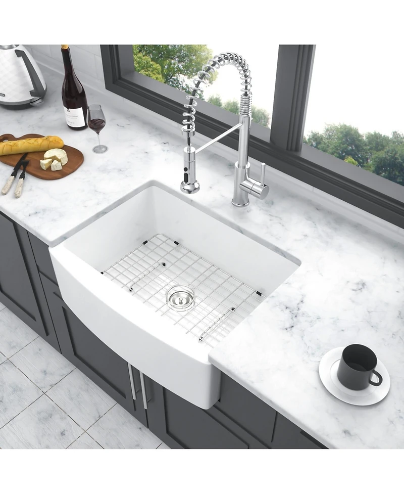 flynama huluwat White Farmhouse Kitchen Sink Ceramic Arch Edge Apron Front Single Bowl