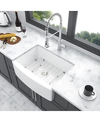 flynama huluwat White Farmhouse Kitchen Sink Ceramic Arch Edge Apron Front Single Bowl
