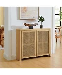 Streamdale Furniture Mid Century Modern Rattan Sideboard Buffet Cabinet with 2 Outlets, Natural