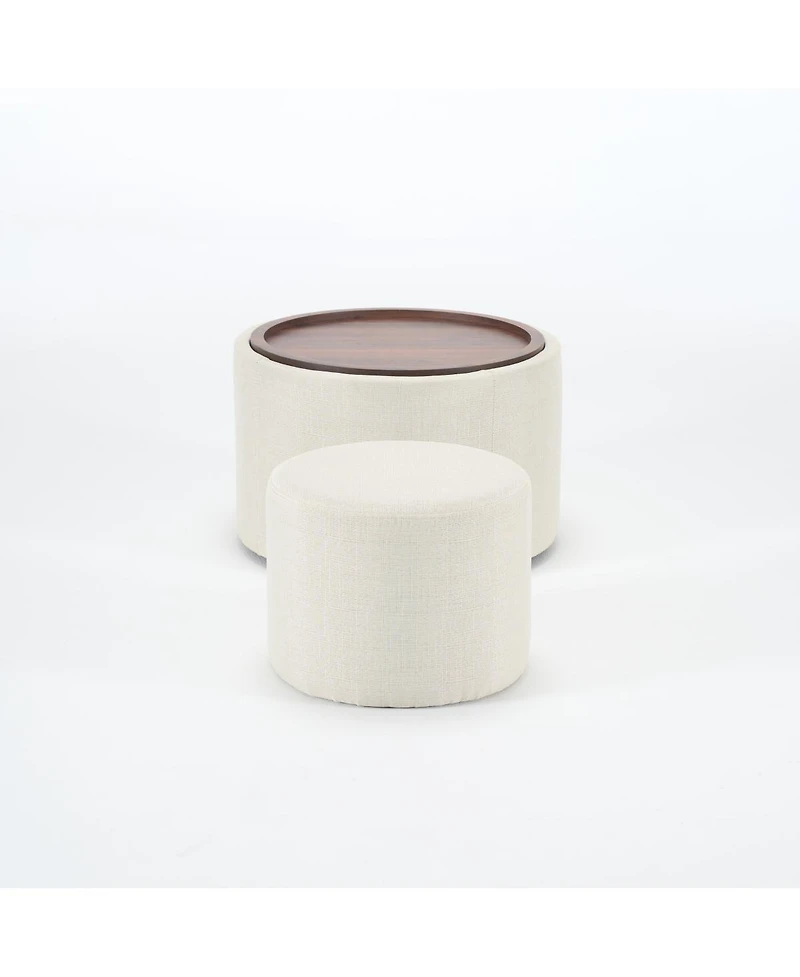 Streamdale Furniture Streamdale Ball & Cast Nesting Storage Ottomans (2-pc), Linen Upholstered w/Wood Tray, Beige