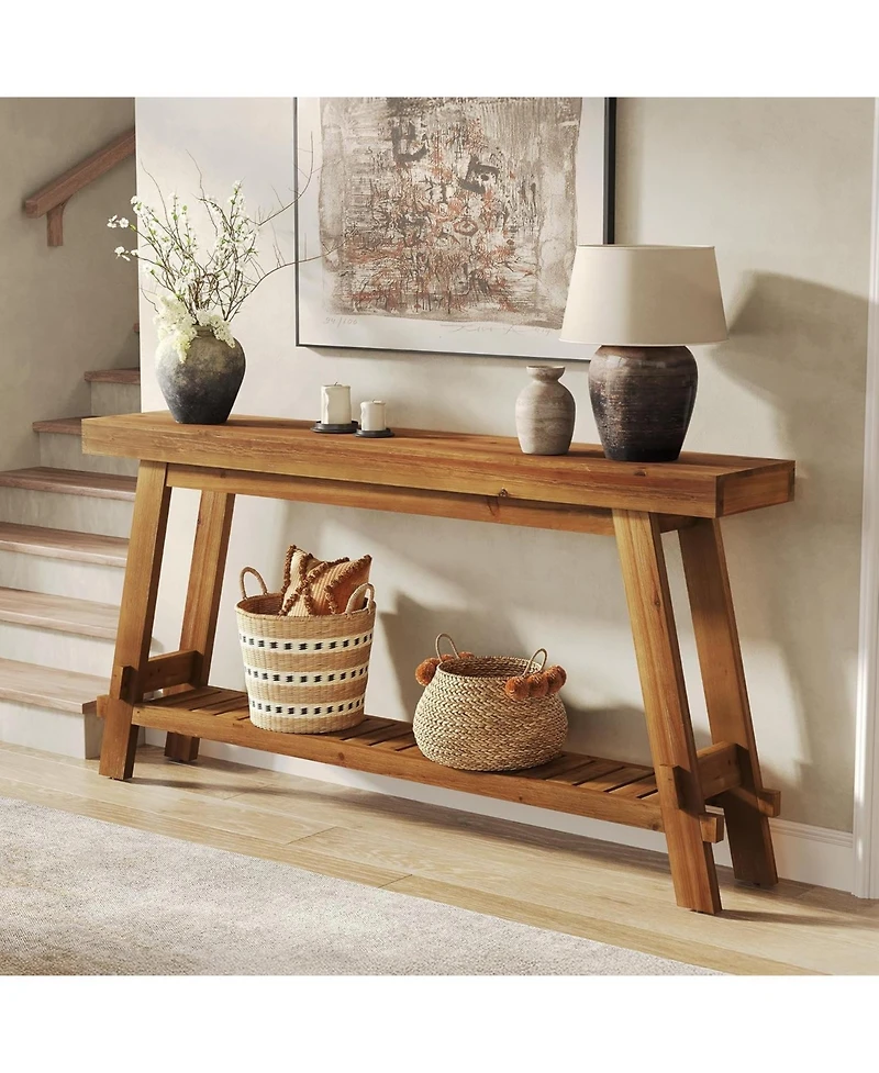 Tribesigns 63" Solid Wood Console Table, 2-Tier Farmhouse Entryway & Sofa Table, Brown