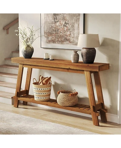Tribesigns 63" Solid Wood Console Table, 2-Tier Farmhouse Entryway & Sofa Table, Brown