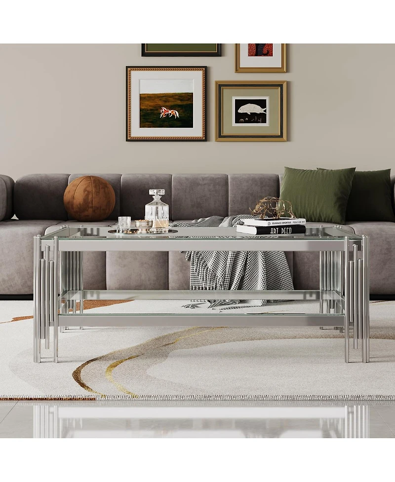 Streamdale Furniture Double Layer Tempered Glass Coffee Table with Mirror Stainless Steel Frame