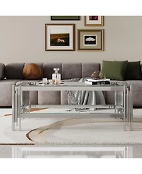Streamdale Furniture Double Layer Tempered Glass Coffee Table with Mirror Stainless Steel Frame