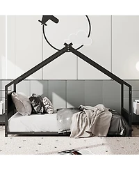 Streamdale FurnitureTwin Size House Bed with Roof & Lights, Metal Frame, No Box Spring (Black)