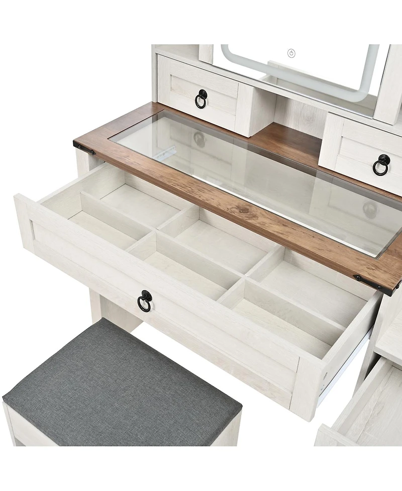 Streamdale Furniture Farmhouse Vanity Desk with Sliding Mirror, Lights, Charging