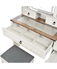 Streamdale Furniture Farmhouse Vanity Desk with Sliding Mirror, Lights, Charging