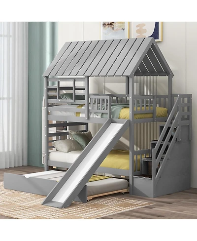 Streamdale Furniture Twin over Twin House Bunk Bed with Trundle, Slide, Stairs, Roof, Window