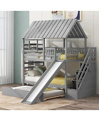 Streamdale Furniture Twin over Twin House Bunk Bed with Trundle, Slide, Stairs, Roof, Window