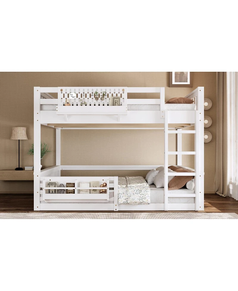 Streamdale Queen Bunk Bed with Ladder and Guardrails, Pegboard and bookshelf, White