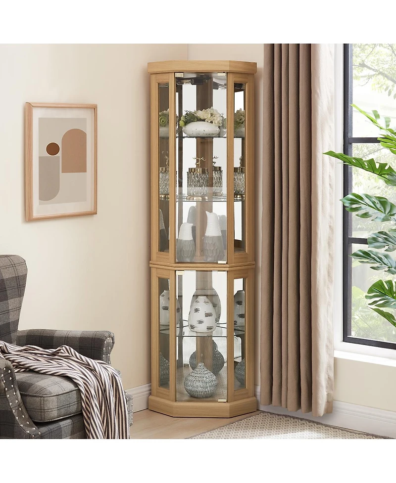 Streamdale Furniture Lighted Corner Curio Cabinet Display Case for Living Room, Wine, Bar Storage, Light Oak