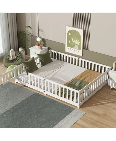 Streamdale Furniture Queen Size Floor Bed with Fence, Door, and Safety Guardrails