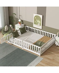 Streamdale Furniture Queen Size Floor Bed with Fence, Door, and Safety Guardrails