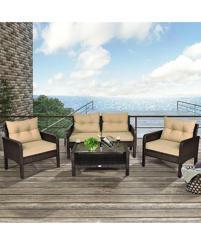 Slickblue 4PCS Patio Rattan Loveseat Seating Set with Cushioned Chairs