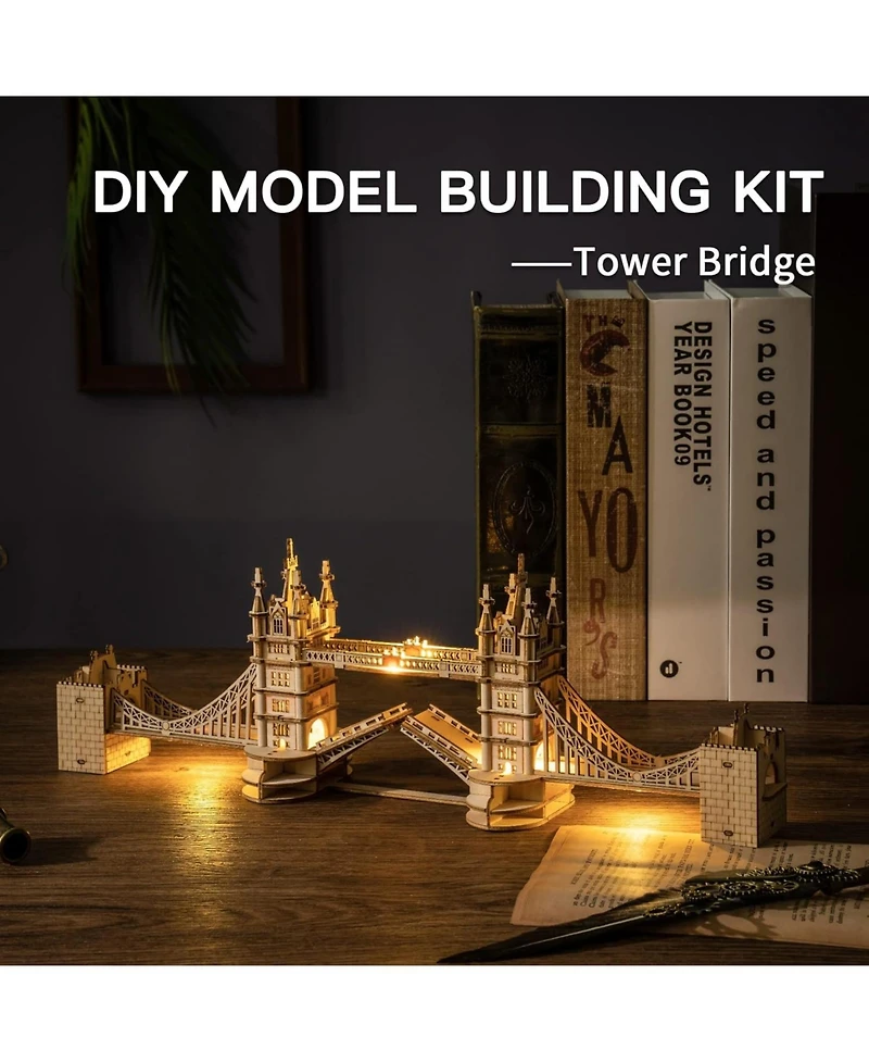 Robotime 3D Puzzle Wooden Craft Kits with Led Diy Tower Bridge Construction Model Kit to Build for Teens Brain Teaser Puzzle Home Decor Birthday Gifts