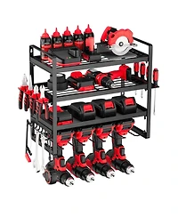Mecale Wall-Mount Power Tool Organizer, 4-Tier Storage Rack with 4 Drill Holders, Screwdriver Holder, Garage Tool Storage Rack