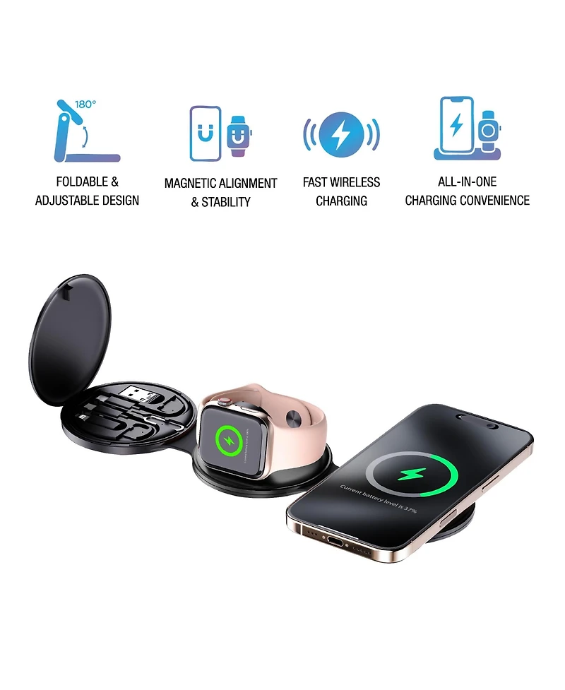 Pursonic Ultimate 5-in-1 Tech Bundle: Folding Wireless Charger & Multi-Function Bedside Alarm Clock