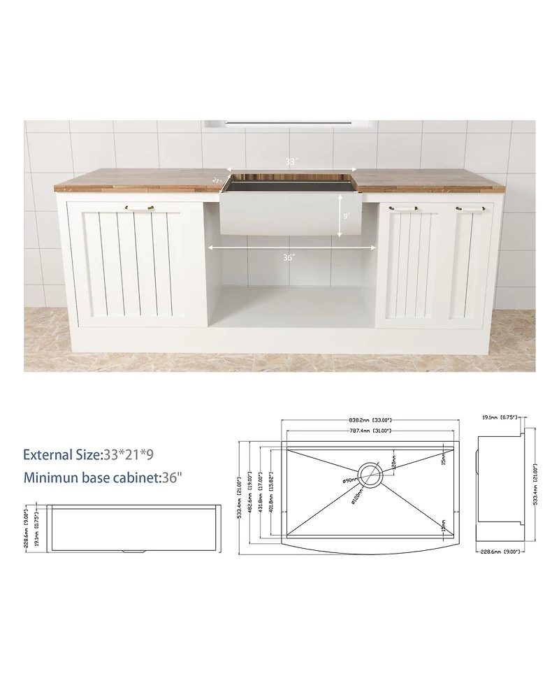 flynama 33x21x9inch Farmhouse Kitchen Sink Workstation Stainless Steel 16 Gauge Apron Front