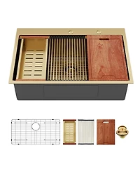flynama 33x22x10inch Drop in Gold Kitchen Sink Workstation Stainless Steel Single Bowl 16 Gauge
