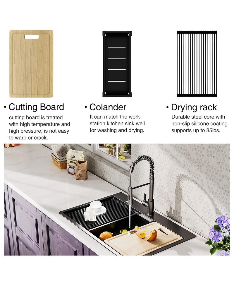 flynama Gunmetal Kitchen Sink Topmount Workstation Stainless Steel Single Bowl