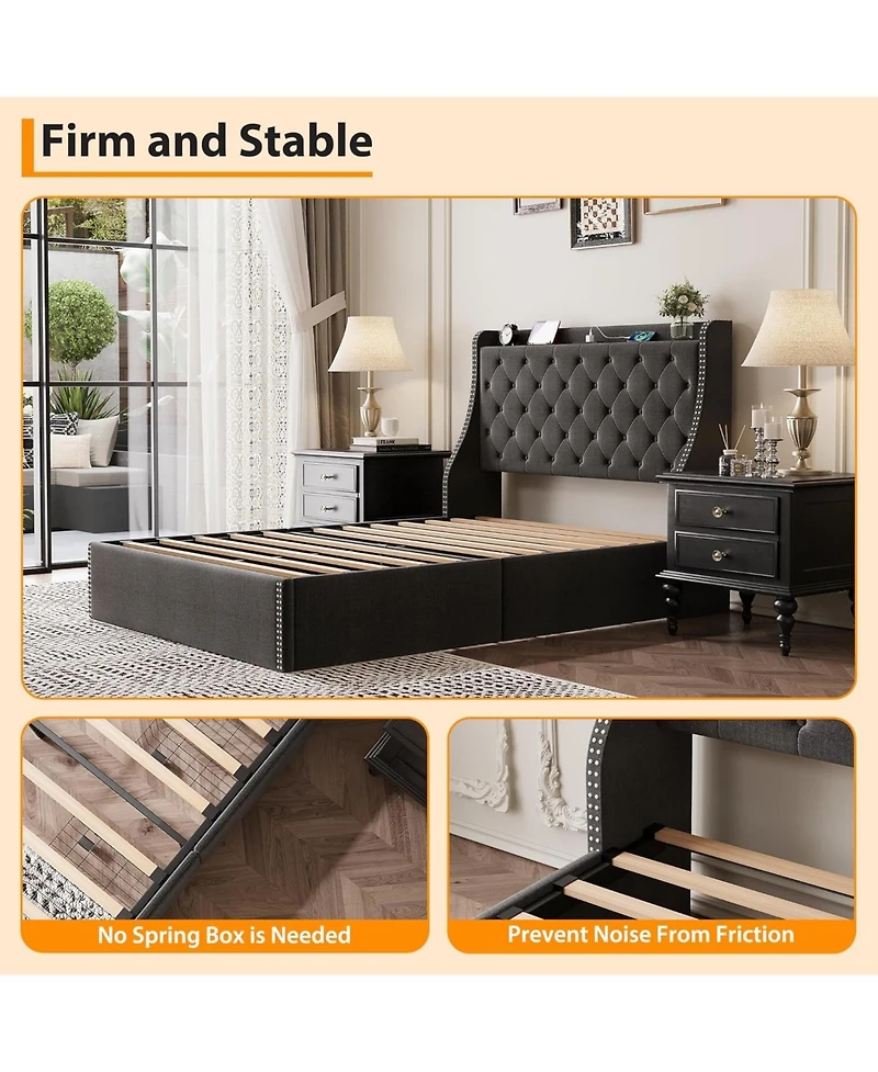 gaomon Wingback Headboard 4-Drawer Velvet Upholstered Platform Bed Frame with Charging Station