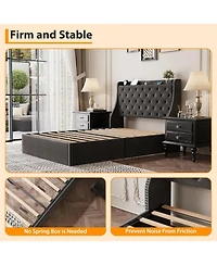 gaomon Wingback Headboard 4-Drawer Velvet Upholstered Platform Bed Frame with Charging Station