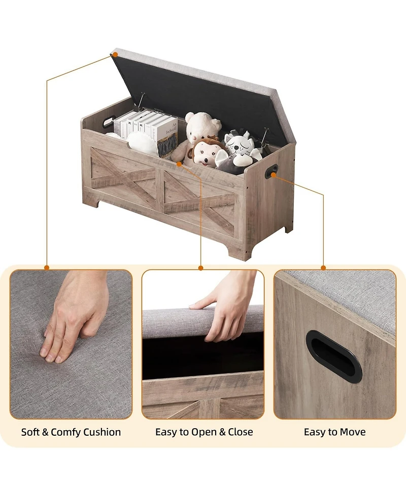 gaomon 39.4" Wooden Storage Chest Entryway Bench, Toy Organizer Trunk with Safety Hinges for Bedroom and Living Room, Grey