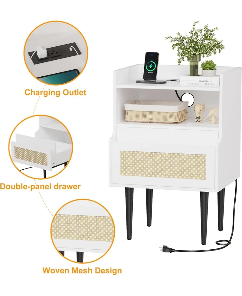 gaomon Nightstand Set of 2, Rattan End Table with Charging Station, 2 Open Shelves Beside Table with Drawer and Solid Legs, White